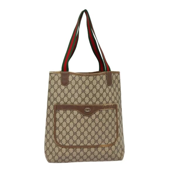 GUCCI GG Supreme Web Sherry Line Tote Bag PVC Beige Red 40 02 003 Auth 88153 - Picture 1 of 16